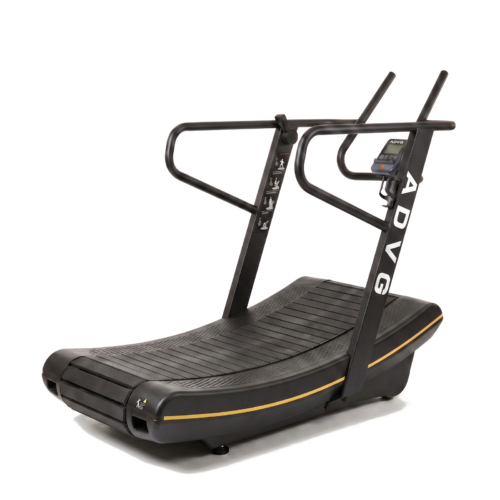 ADVG CurveMax 1.0 commercial curved manual treadmill, matte black with yellow accent stripe, right-facing three-quarter studio view on white