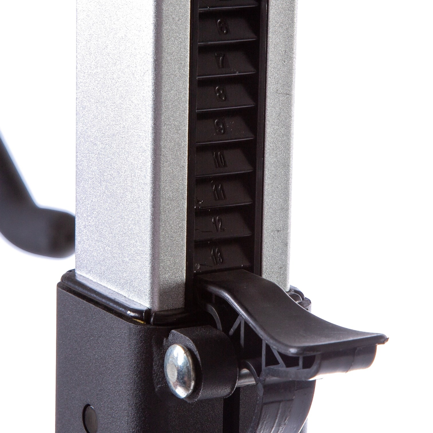 ADVG BikeErg PowerMax 1.0 numbered height scale and quick-release lever close-up