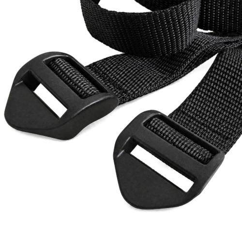 RowErg foot straps, pair: black nylon webbing straps with flat plastic buckles