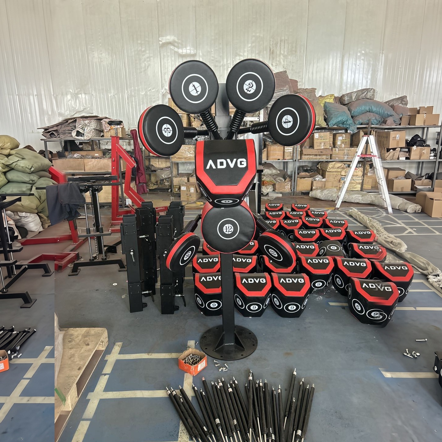ADVG SkiErg BoxMaster/SparMaster Bundle, BoxMaster assembled beside stacks of spare pads