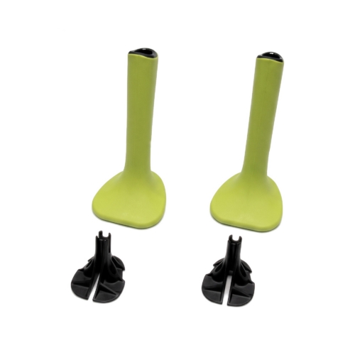 SkiErg handles with end plugs, pair: two lime-green handles with rounded-triangle end plates and two black end plugs
