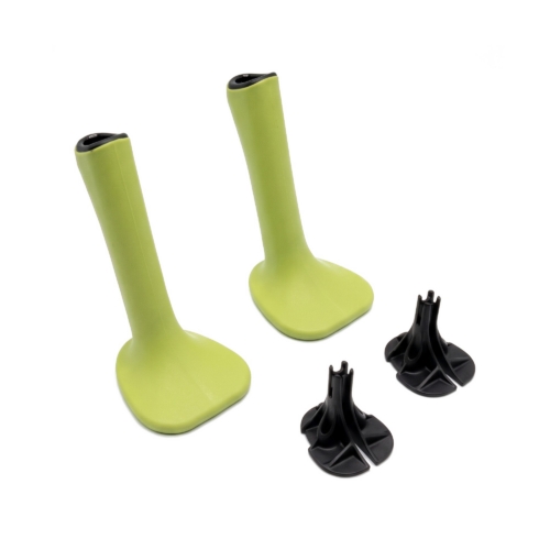 Pair of lime-green SkiErg handles standing on their end plates, with their two black end plugs, seen from above